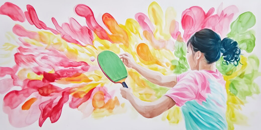 女生打乒乓球水彩插画