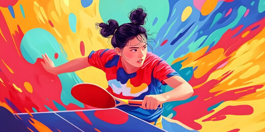 女生打乒乓球水彩插画