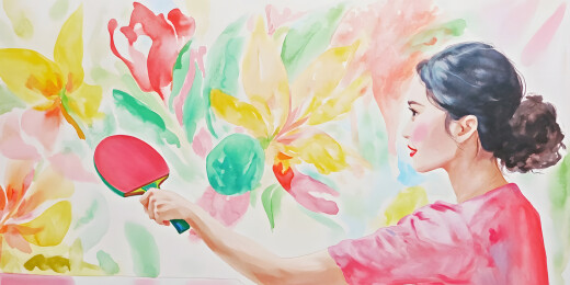 女生打乒乓球水彩插画