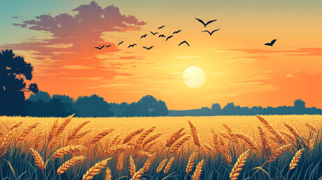 日落下，金色的麦田