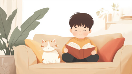 寒假，小男孩和猫咪的休闲时光