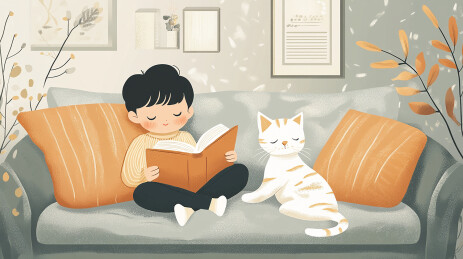 寒假，小男孩和猫咪的休闲时光