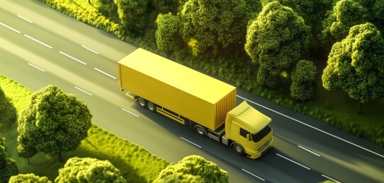 黄色的卡车在道路中行驶俯视图