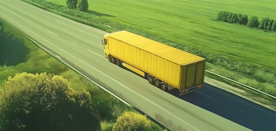 黄色的卡车在道路中行驶俯视图