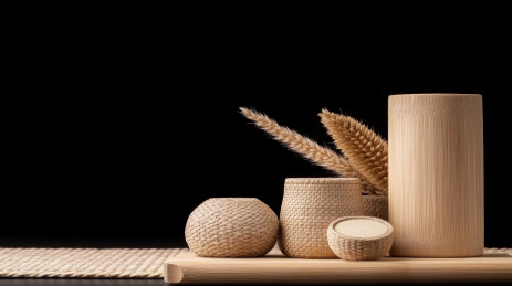 竹制容器与装饰品的静物展示