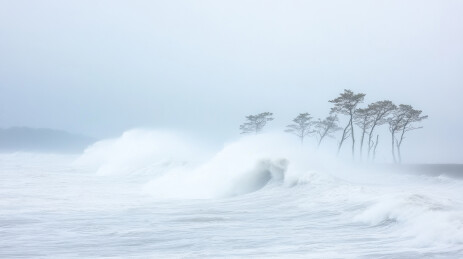 大浪拍打岸边的冬季海景