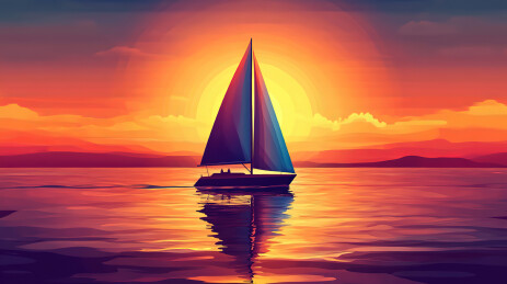 日落下的海洋和帆船