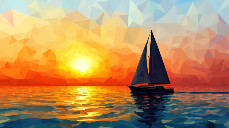 日落下的海洋和帆船