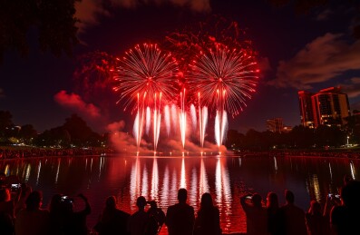 新年人们观赏夜空中绽放着五彩斑斓的烟花