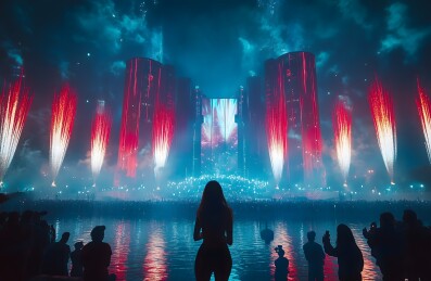 新年人们观赏夜空中绽放着五彩斑斓的烟花