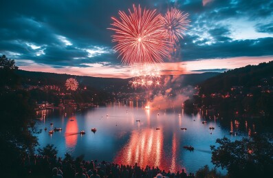 新年人们观赏夜空中绽放着五彩斑斓的烟花