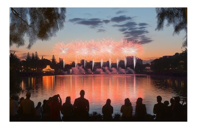 新年人们观赏夜空中绽放着五彩斑斓的烟花