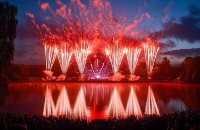 新年人们观赏夜空中绽放着五彩斑斓的烟花