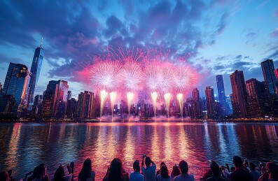 新年人们观赏夜空中绽放着五彩斑斓的烟花