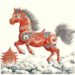 身上有红色复古花纹中国剪纸风格马驹装饰画