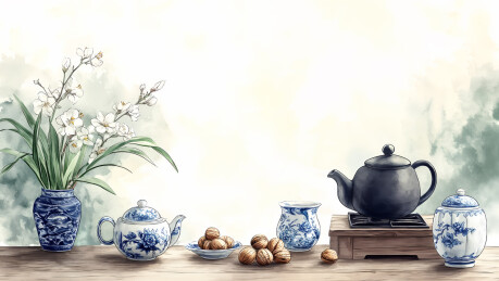 木纹桌面上的水仙花和茶壶