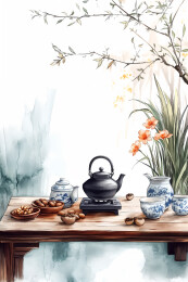 桌面上的茶壶的茶具