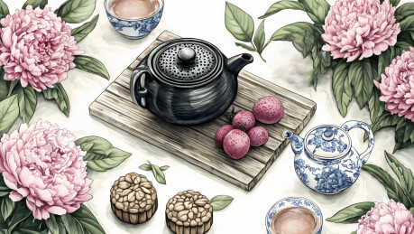 牡丹花和茶壶中国风插画