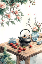 桌面上的茶壶水果中式喝茶场景