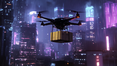一架携带货物的无人机飞越城市