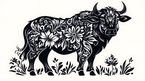 生肖牛黑白剪纸画