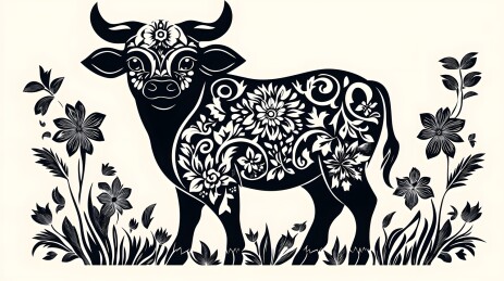 生肖牛黑白剪纸画