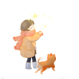 女孩手捧雪花狗治愈系手绘插画