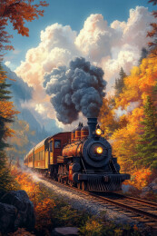 山谷里奔跑的蒸汽机火车