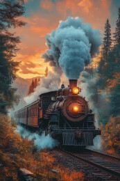 山谷里奔跑的蒸汽机火车