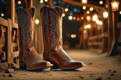 牛仔靴在木制背景前主题