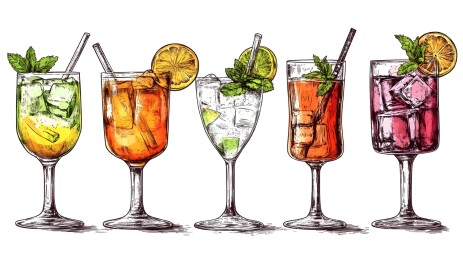 五杯色彩鲜艳的鸡尾酒