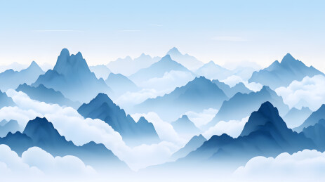蓝色中国风高山水墨云海风景插画背景 