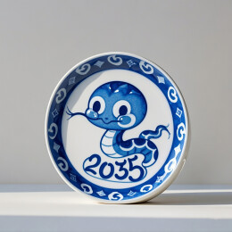中国传统工艺青花瓷蛇宝宝图案盘子