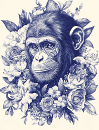 欧式潮流复古风格版画猴子头像插画