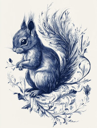 一只毛茸茸的复古版画风格的松鼠插画