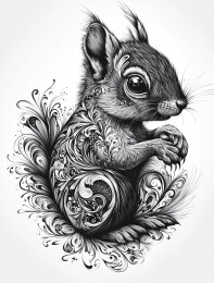 一只毛茸茸的复古版画风格的松鼠插画