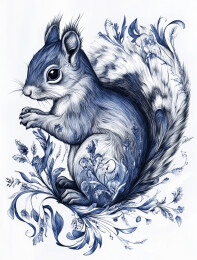 一只毛茸茸的复古版画风格的松鼠插画