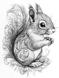 一只毛茸茸的复古版画风格的松鼠插画