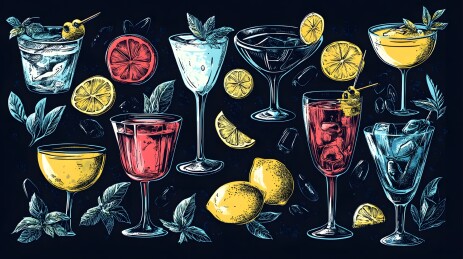 五杯色彩鲜艳的鸡尾酒