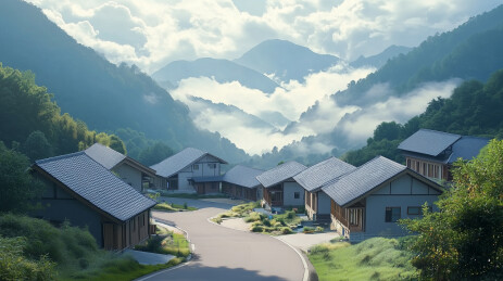 宁静山谷整齐排列的小屋景色