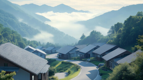 宁静山谷整齐排列的小屋景色