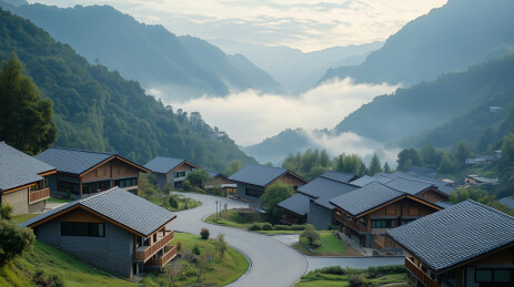 宁静山谷整齐排列的小屋景色