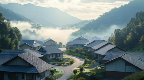 宁静山谷整齐排列的小屋景色