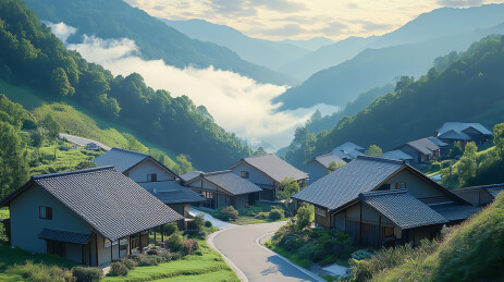 宁静山谷整齐排列的小屋景色