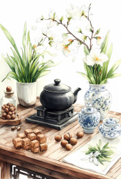 水仙花和茶壶中国风场景