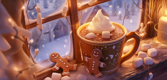 圣诞节窗边的姜饼人与热饮