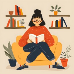 坐在扶手椅上看书的女人插画