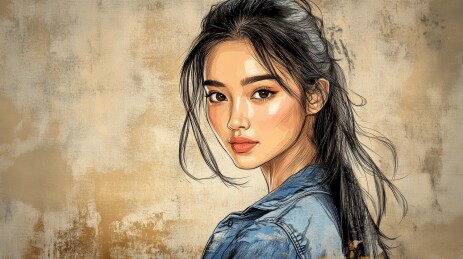 亚洲模特彩色素描肖像