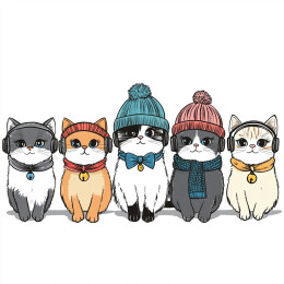 卡通绘本风格戴着帽子围巾的小猫拟人形象 