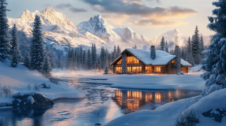 自然流水小屋雪景